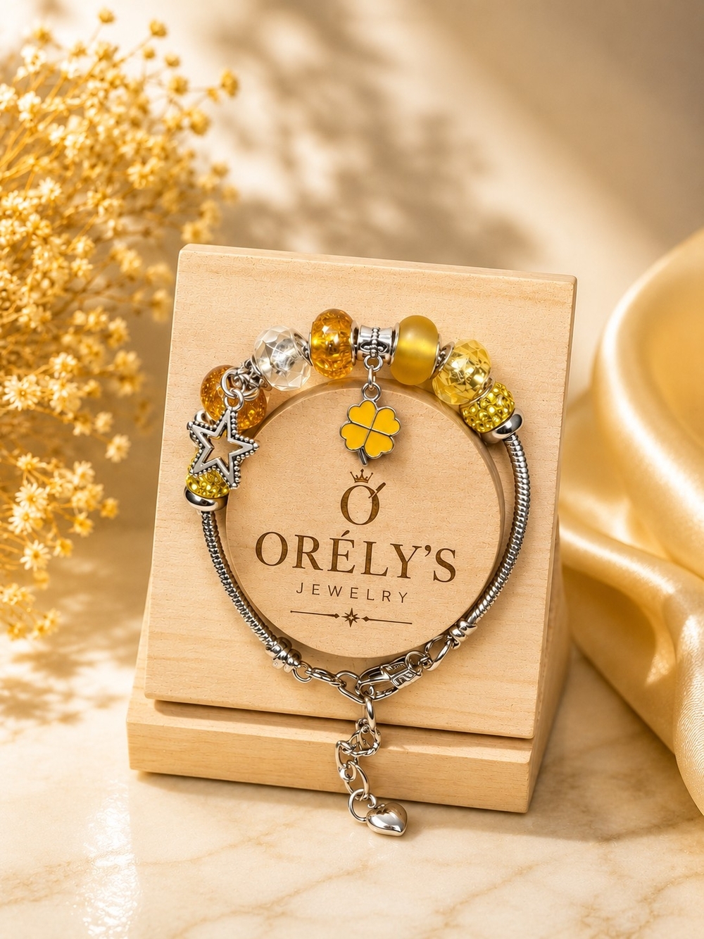 Yellow Charm Bead Bracelet - Women's Silver Chain Bracelet